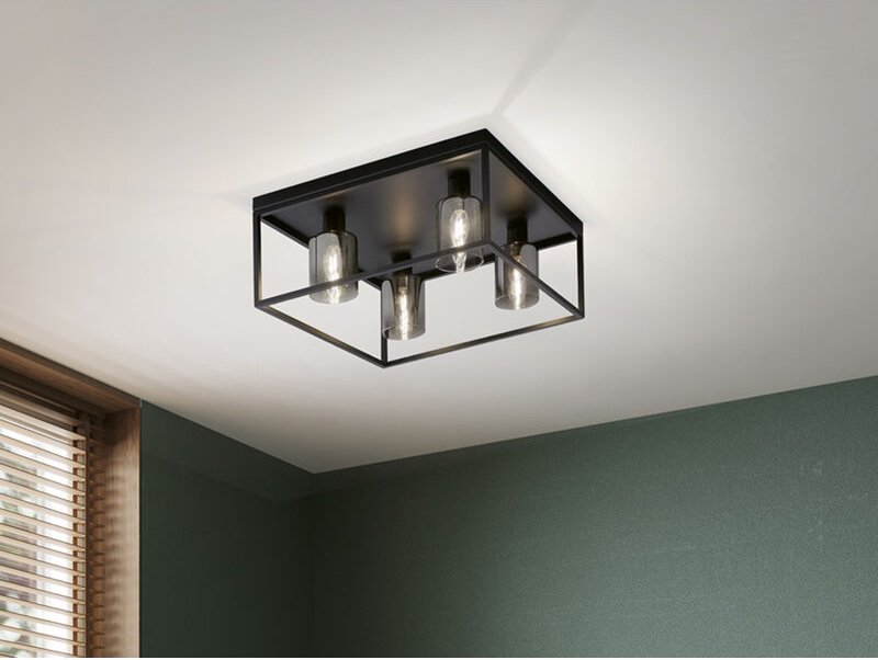 Fischer&honsel - Deckenleuchte iska 4-flammig Schwarz mit Rauchglas, Quadrat 45cm