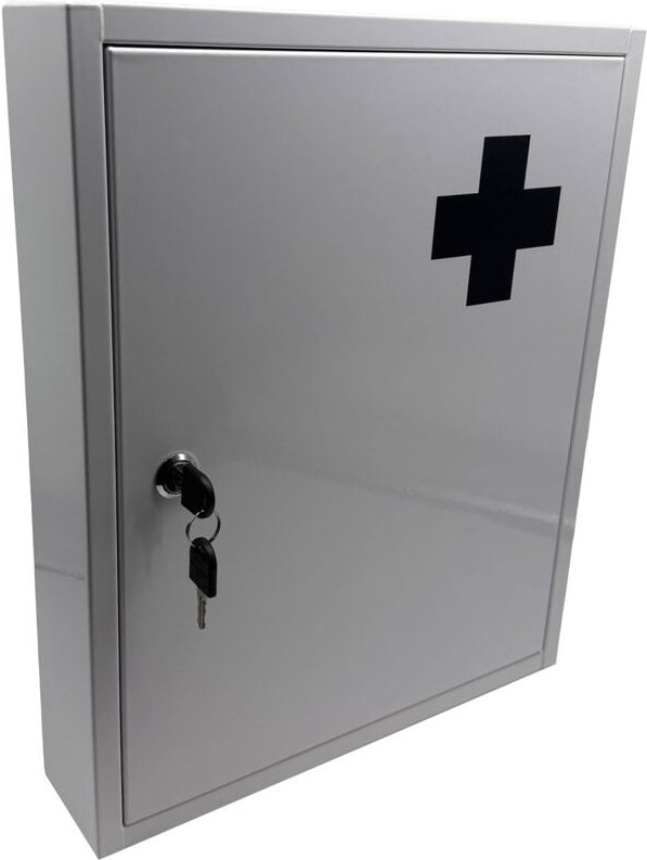 Relaxdays Medizinschrank, abschließbar, 5 Fächer, HxBxT: 43 x 35,5 x 8 cm, für Medikamente, Arzneischrank, weiß/ grau