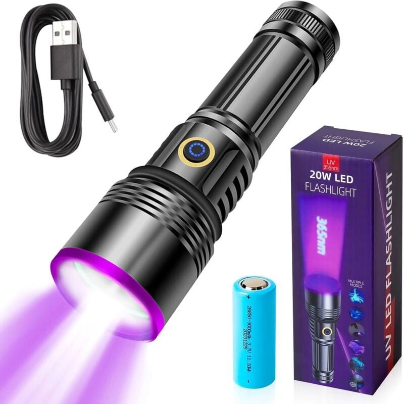 365 nm UV-Taschenlampe, 20 W wiederaufladbare UV-Lampe, Schwarzlicht-Taschenlampe, LED-UV-Taschenlampe für fluoreszieren...