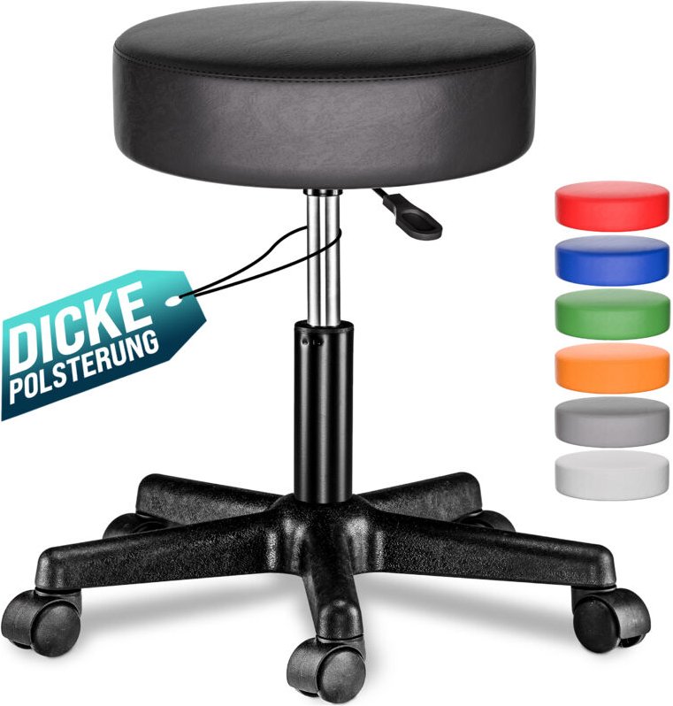 Rollhocker Höhenverstellbar 10cm Polsterung 46-60cm Sitzhöhe 360° drehbar Ø35cm rund Rollen Bürohocker Drehhocker Arbeit...