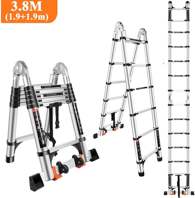 Thumbnail - Teleskopleiter 3,8m Aluminium Leiter mit 2 Rädern (1,9m + 1,9m), Multifunktions-Klappleiter für 150 kg, Schwarz-Silber