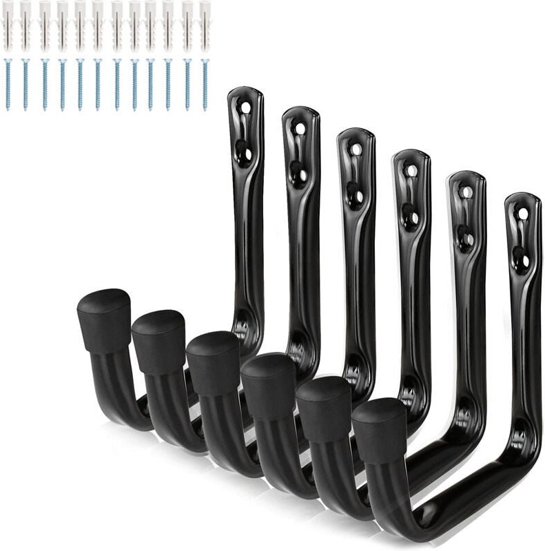 Ganchos de pared resistentes en forma de J para garaje (11,5 cm x 10 cm) (negro mate) (paquete de 6)