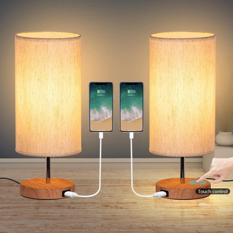Thumbnail - Set mit 2 Nachttischlampen mit Touch-Steuerung, 3 Farbtemperaturen und kontinuierlicher Helligkeit, USB-Ladeanschlüssen,...