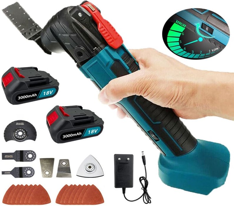 Akkubetriebenes oszillierendes Multitool, 4° Oszillationswinkel, 6 Geschwindigkeiten und Taschenlampe zum Schneiden / Sc...