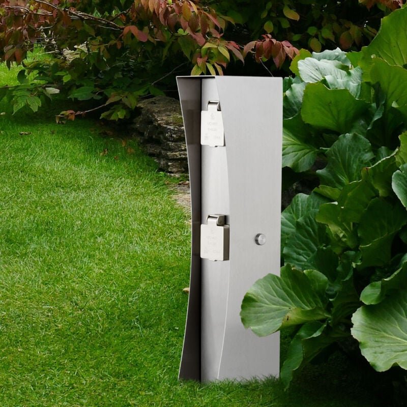 Außensteckdose 2-fach Steckdosensäule Gartensteckdose Edelstahl silber Steckdosenpfosten, mit Klappdeckel, LxH 16x46 cm