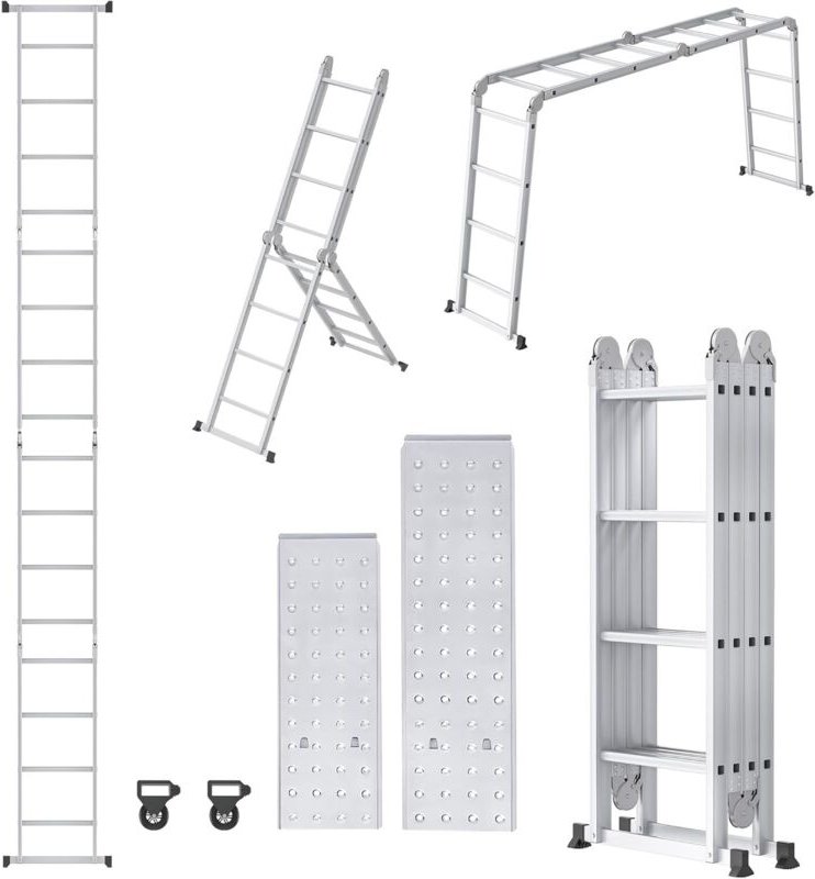 Froadp 470cm Aluminum Mehrzweckleitern, 4x4 Stufen Gerüst Leiter, Ausziehbar Treppenleiter mit 2 Arbeitsplattform, Klapp...