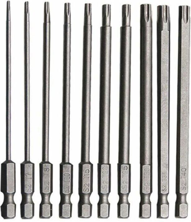Set di 10 punte Torx lunghe in acciaio al cromo vanadio, antiruggine, da 100 mm, per avvitatori e trapani elettrici.