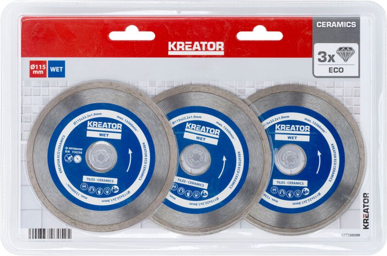 Diamanttrennscheibe für Fliesen und Steingut - Bohrung 22,2 mm 3 Scheiben 115 mm 1,9 mm Kreator