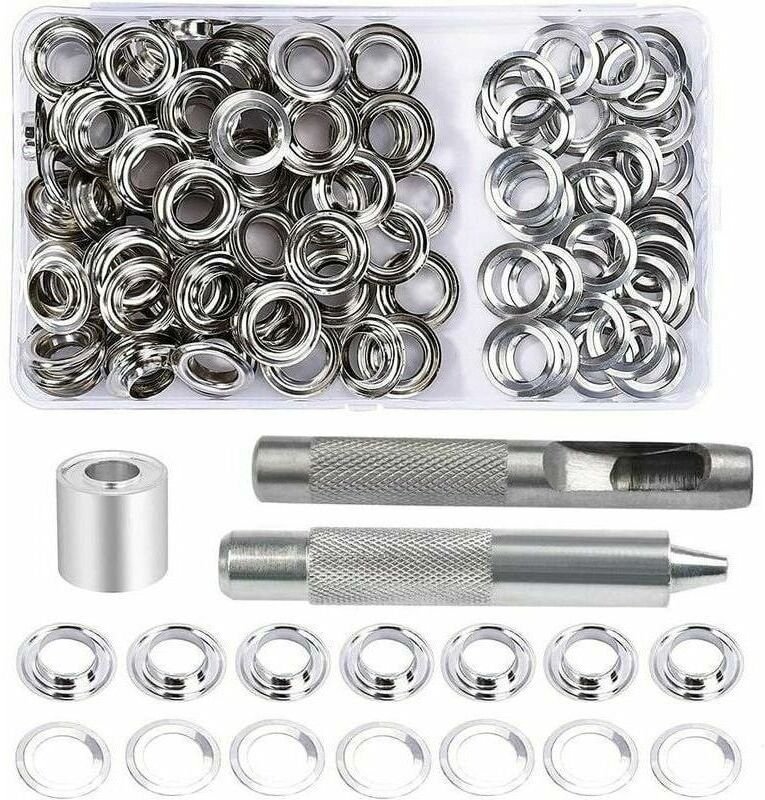 Ösen-Set, 100 Ösen à 12 mm, inklusive 3 Ösensetzwerkzeugen. Geeignet für Planen, Stoffe, Vorhänge und Bastelarbeiten.