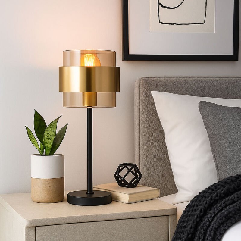 Tischleuchte Messingring Nachttischleuchte Glas klar Tischlampe schwarz Retro, Metall, led 7W 806Lm warmweiß, DxH 18 x 4...