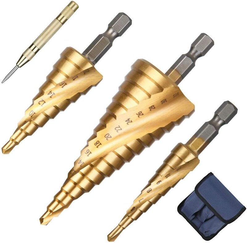 3-teiliges Spiralbohrer-Set – Titanbeschichteter HSS-Stufenbohrer, 4-12/20/32 mm – inklusive Körner und Spiralbohrer – f...
