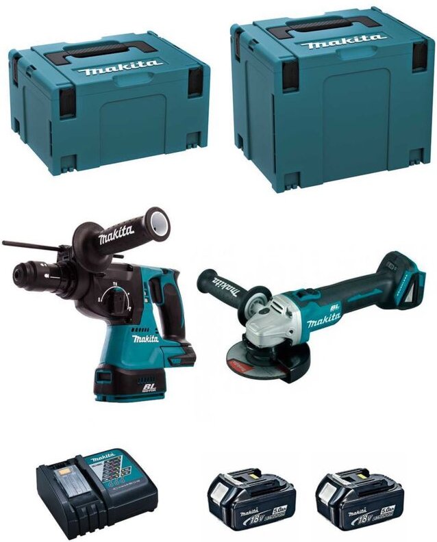 Makita - Kit DLX2125TJ1 (DGA504 + DHR243 + 2 x 5,0 Ah + DC18RC + makpac 3 + makpac 4)