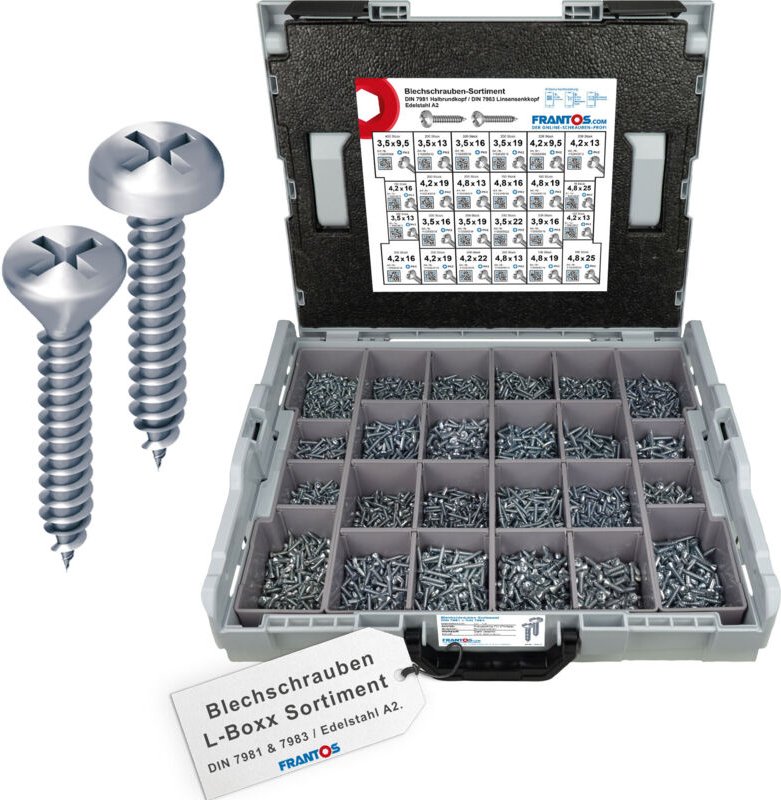 FRANTOS L-BOXX 4425 tlg. Blechschrauben DIN 7981 & 7983 Sortiment (Edelstahl A2)