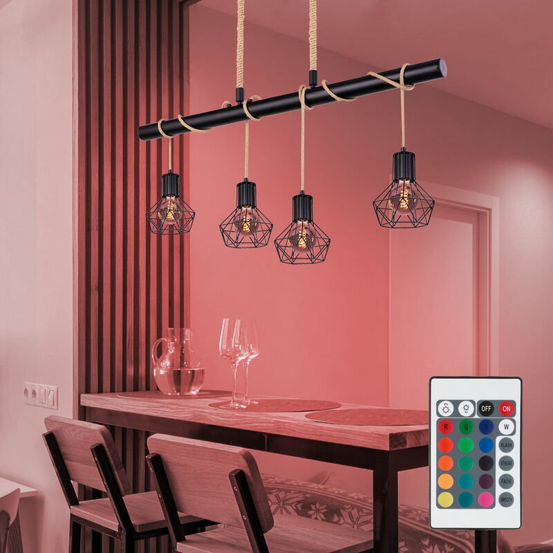 Käfig Hänge Decken Leuchte FERNBEDIENUNG Hanfseil Lampe dimmbar im Set inkl. RGB LED Leuchtmittel