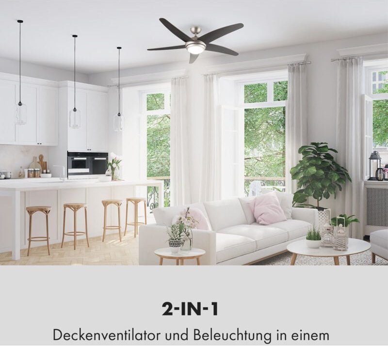 Bolero 2-in-1-Deckenventilator 134cm Leuchte 55W Luftdurchsatz 10.212 m³/h max. Walnussflügel Fernbedienung - Klarstein