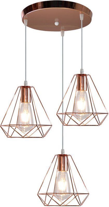 Pendelleuchte Vintage 3 Flammig Hängelampe mit Käfig E27 Art Ø20cm Diamant Lampen für für Wohnzimmer Esszimmer (Rosegold...