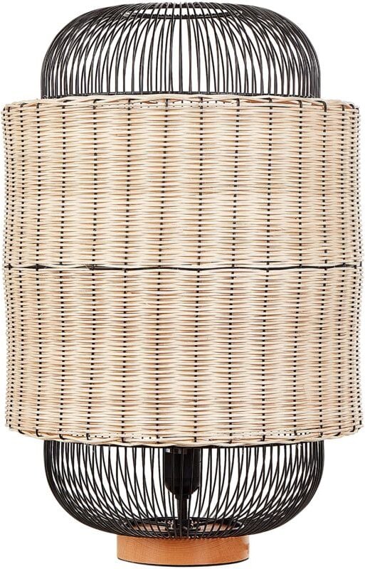 Thumbnail - Tischlampe Naturfarben / Schwarz Rattangeflecht u. Metall Laternenform Kabel mit Schalter Handgefertigt Boho Schlaf- u. ...
