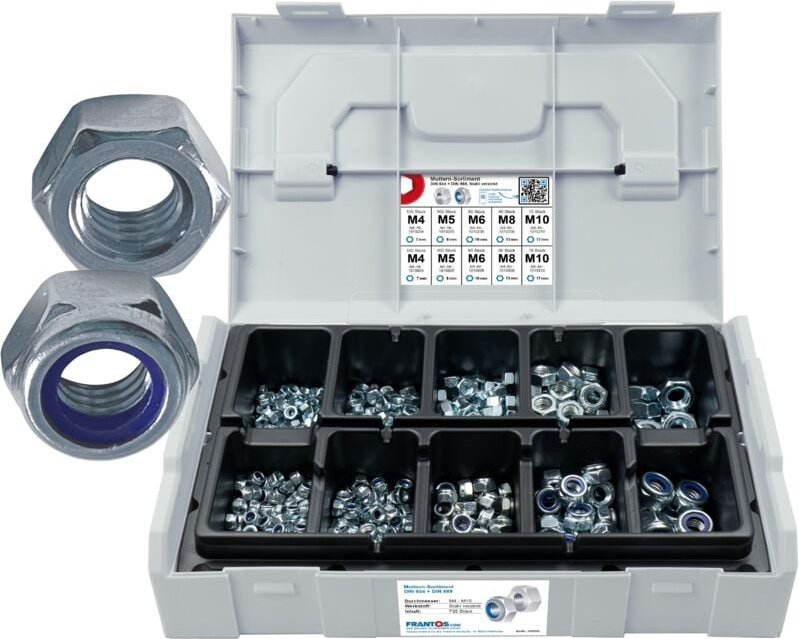 FRANTOS L-BOXX Mini 780 tlg. Sechskantmuttern DIN 934 & DIN 985 Set Sortiment (Stahl verzinkt)