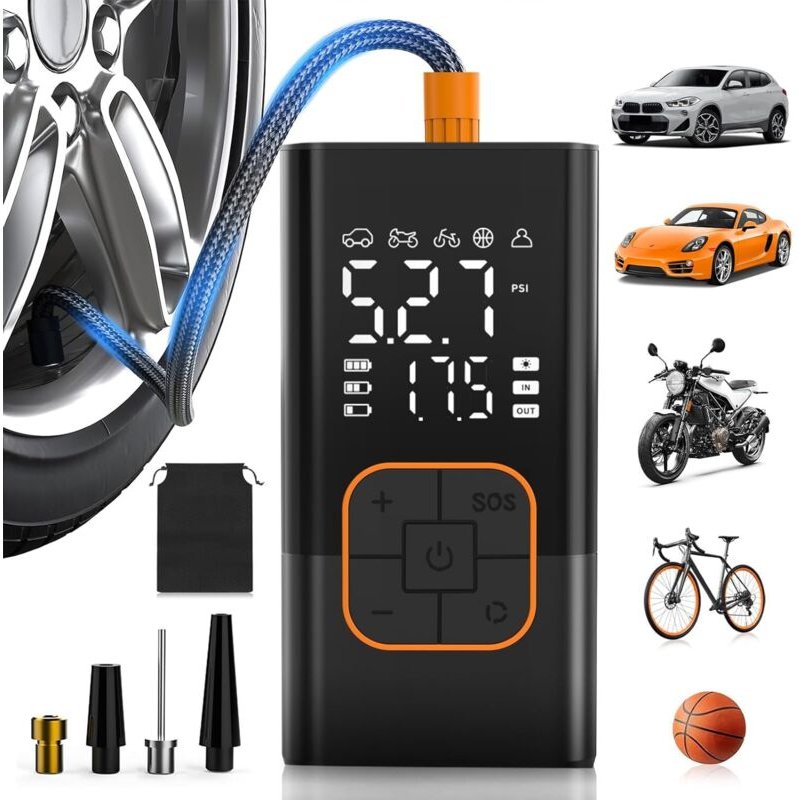 Kabelloser Reifenfüller 150 PSI, Doppeldisplay, Akku, LED, Auto/Motorrad/Fahrrad.