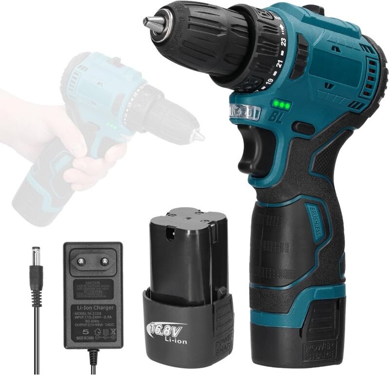 Akku-Bohrschrauber, Zubehör 16,8 v Akku-Bohrschrauber mit LED-Licht, 2 Akkus 1300 mAh, 2 Geschwindigkeiten - Ej.life