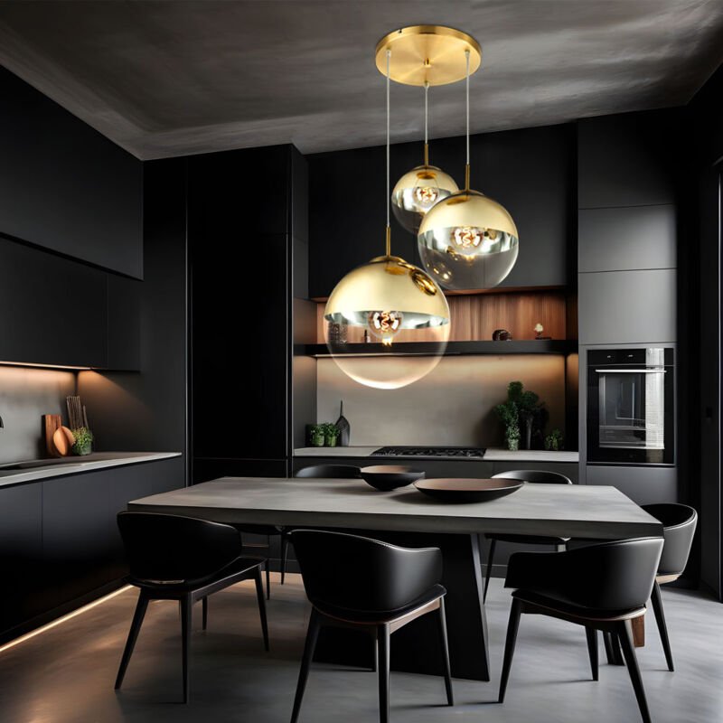 Hängelampe Pendelleuchte Glas 3 flammig goldfarben Glaskugel Pendelleuchte Glaskugel Esstischlampe, Metall, 3x E27 Fassu...