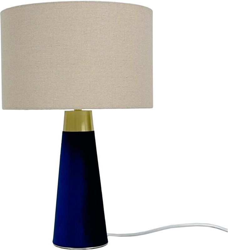 Relaxdays Tischlampe, Leinenschirm & Samtfuß, E27, HxD: 47 x 40 cm, Nachttischlampe mit Kabel, Schlafzimmer, beige/blau