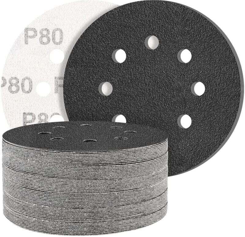 Thumbnail - Schwarze Packung mit 50 Siliziumkarbid-Schleifscheiben, Körnung 80, 8 Löcher, rund, für Exzenterschleifer – gemischte Kö...