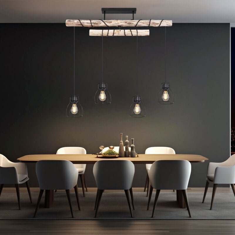 Hängeleuchte Holzbalken Holzleuchte 4 Flammig Esszimmerlampe Pendelleuchte Höhenverstellbar, Metall schwarz, 4x E27 Fass...