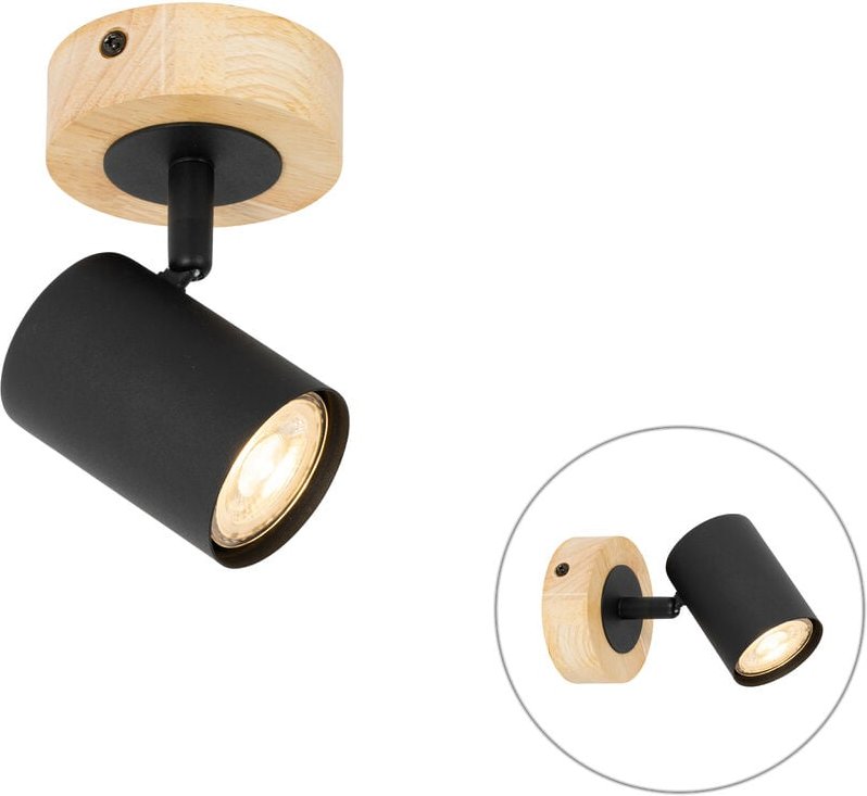 Moderner Spot schwarz mit kippbarem Holz - Jeana