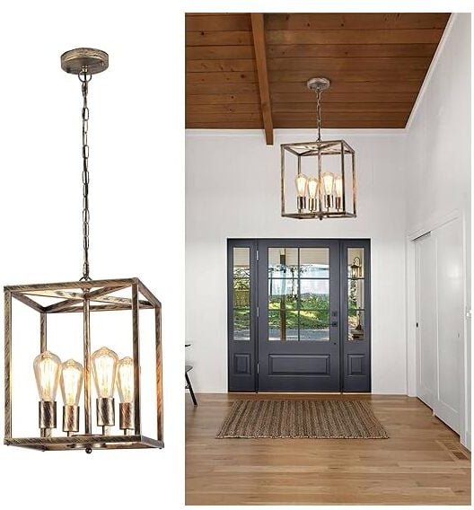 Ganeed - 4-Licht Laterne Kronleuchter Industrie Metall Verstellbare Höhe Foyer Pendelleuchte, Rustikale Bronze Hängende ...