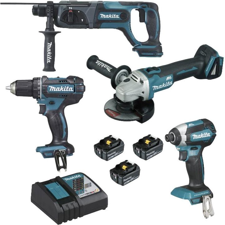 Thumbnail - Mulliez Et Flory - 4er-Set 18 v Li-Ion 5 Ah (DGA504 + DDF482 + DHR241 + DTD153) makita - 2 Batterien, Ladegerät, Koffer ...