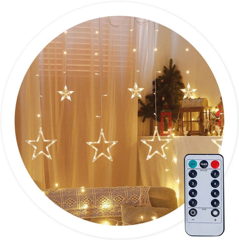 GSC - LED-Vorhang mit Sternen 3,5 m, 8 Funktionen, warmes Licht IP44