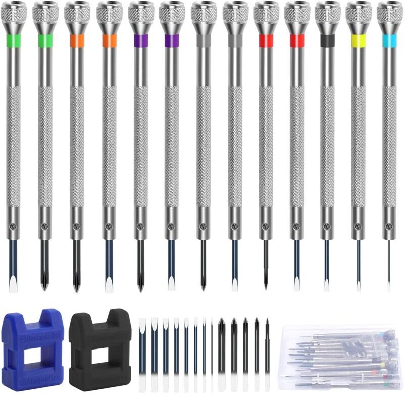 Set mit 13 Präzisionsschraubendrehern für Uhren, Brillen, Wecker und Schmuck, inklusive 2 Magnetisierern und 13 Ersatzbi...