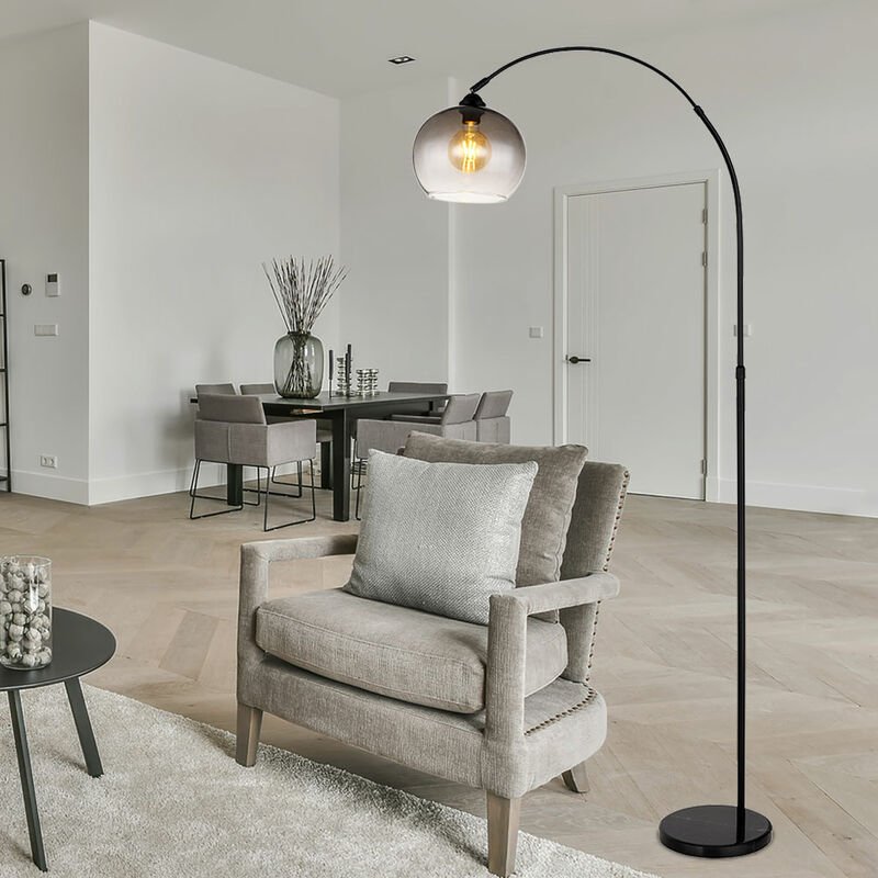 Bogenleuchte höhenverstellbar Stehlampe scharz Glas Marmor Wohnzimmerlampe Beistellleuchte, mit schwenkbarem Schirm, 1x ...