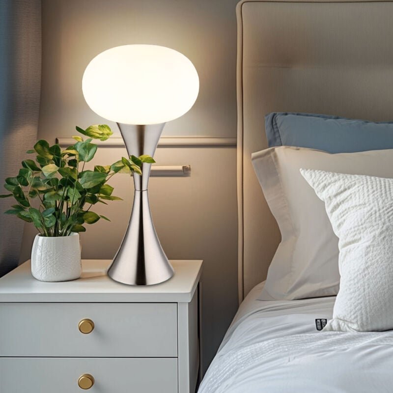 Tischlampe silber Wohnzimmerlampe Tischleuchte Nachttischlampe Schlafzimmerleuchte, Glas opal, 1x E14, DxH 18 x 36,9 cm