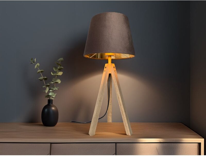 Große Tischlampe mit Dreibein aus Holz, Samtschirm Braun Gold, Höhe 55cm