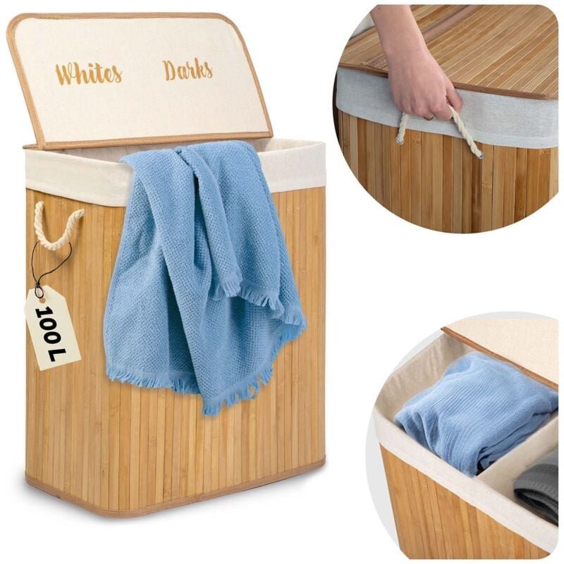 Bamboo laundry basket with lid 100 l massido