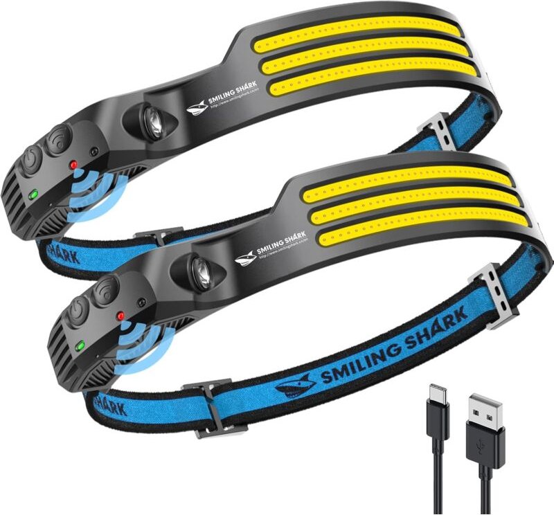 Qiedie - Stirnlampe, 230° Weitwinkel, 3 x LED-Weißlichtstreifen, wiederaufladbarer Scheinwerfer mit wasserdichtem Bewegu...