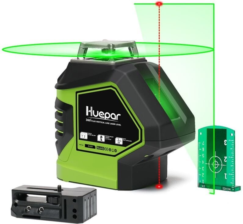 Huepar - 621CG 1 x 360 Kreuzlinienlaser Grün mit 2 Laserpunkte, 360 Grad Linienlaser Selbstnivellierenden mit Pulsfunkti...