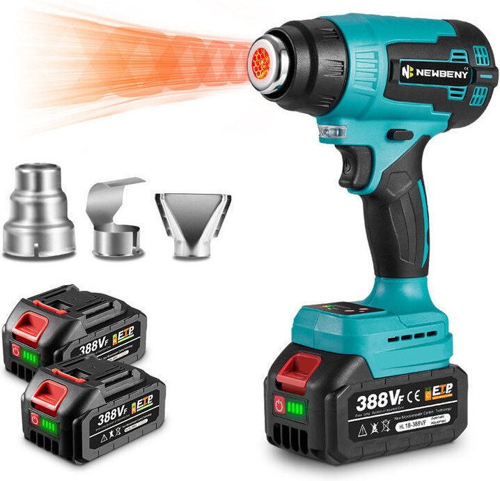 Onevan - 500W Heißluftgebläse mit LED-Temperaturanzeige 9 einstellbare Geschwindigkeiten, mit 3 Zubehörteilen + 2 Batter...