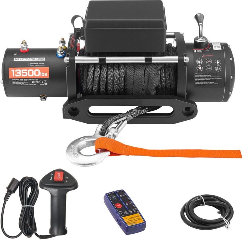 Mophorn Elektrische Seilwinde, 6100 kg, 12 V DC mit 26 m Synthetikseil, kabelloser & kabelgebundener Fernbedienung, IP55...