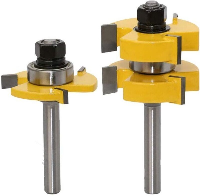 Fräser für Oberfräse, Kantenfräse und Spindelformmaschine, 2er-Set Nut- und Feder-Schlagfräser, 8-Schaft, 3-zahniger T-f...