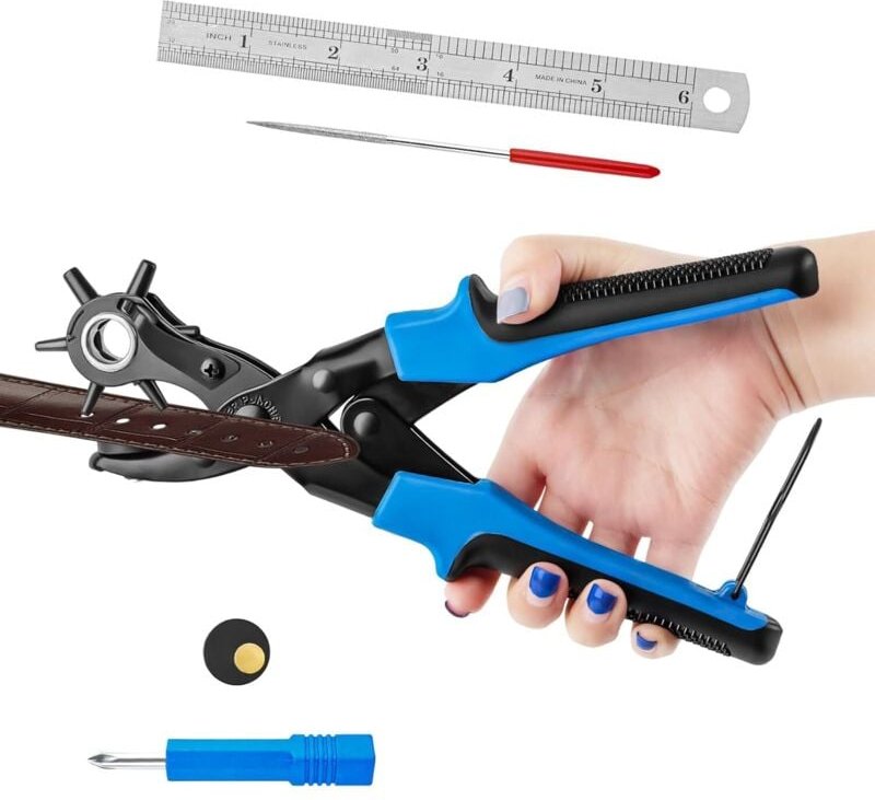 Lederlochzange mit 6 Größen von Lederstanzen, Lederstanzzange, runder Lederstanzer für Stoff, Ledergürtel, Plastiktüten,...