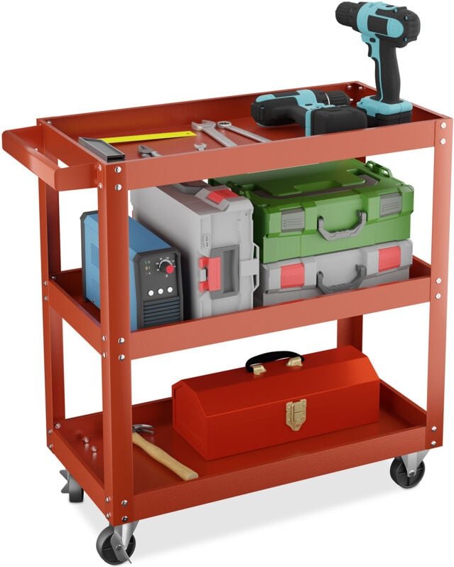 Relaxdays Werkstattwagen, Werkzeugwagen mit 3 Ebenen, mobiler Montagewagen, bis 100 kg belastbar, HBT: 76x78x35 cm, rot