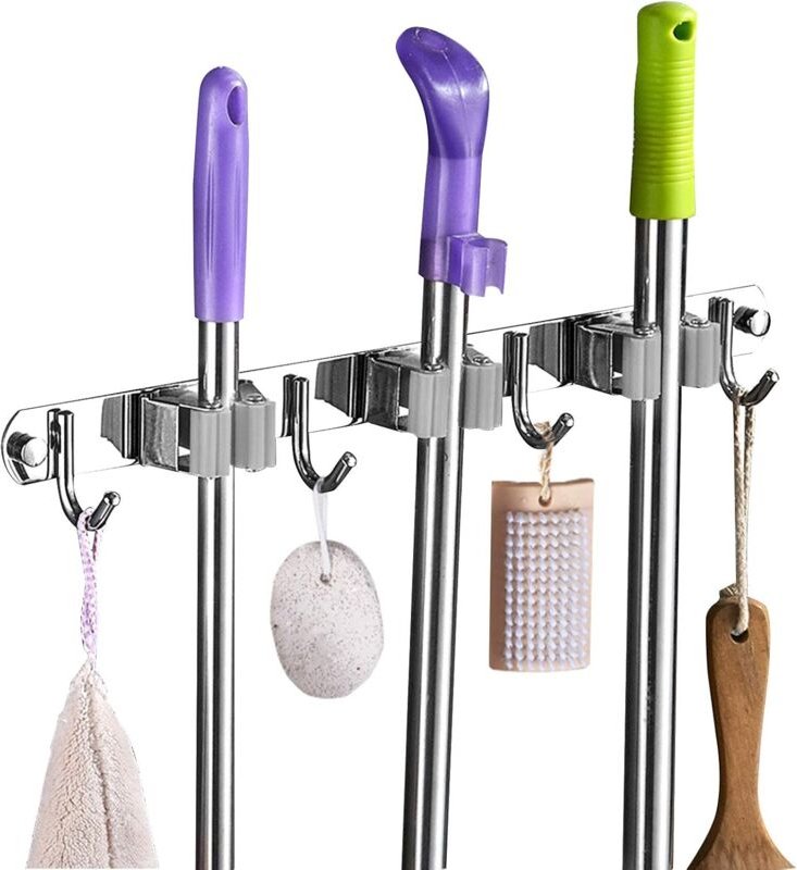 Wandbesenhalter – Edelstahl-Besenhalter, Aufbewahrungshalter für Küche, Waschküche, Garage (3 Schlitze und 4 Haken, grau...