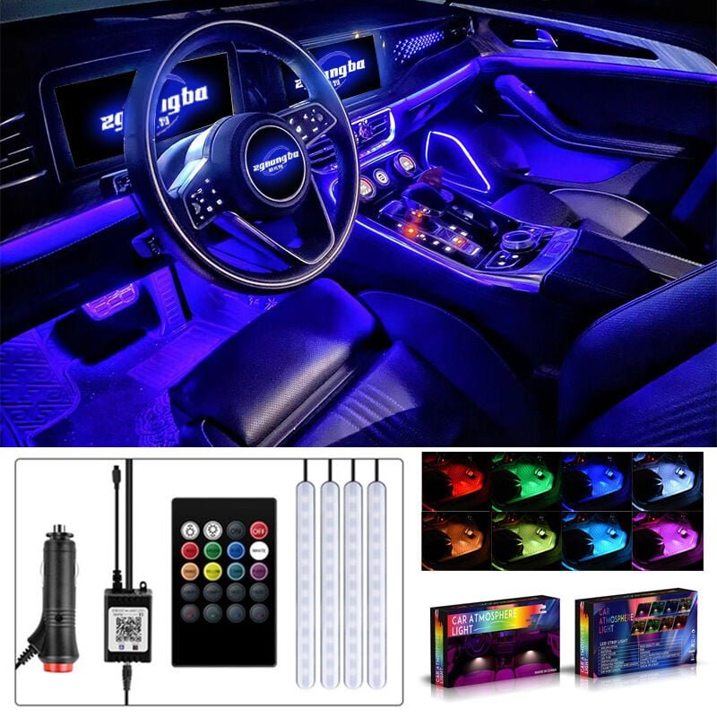 Ahlsen 4 stücke Auto Innenraum LED Lichtleiste USB Ladegerät Multicolor mit Sound Aktive Funktion Drahtlose Fernbedienun...