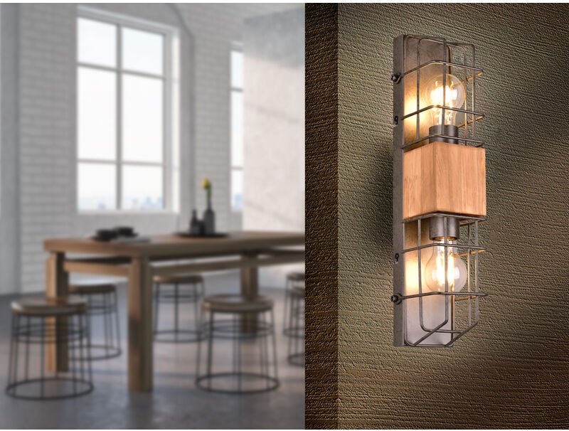 Industrial Wandlampe TINCO 2-flammig mit Gitter und Holz, Höhe 45cm
