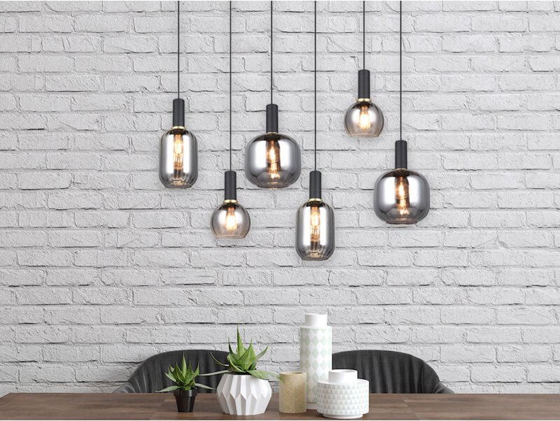 Led Pendelleuchte 6-flammig mit Glasschirmen Chrom bedampft, Breite 92cm