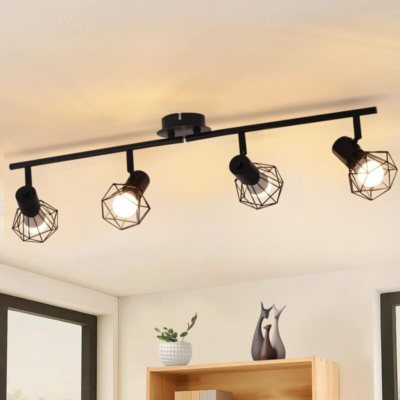 Plafón negro salón comedor retro iluminación jaula foco orientable 4x casquillos E14 giratorio 350° Lámpara giratoria 90...