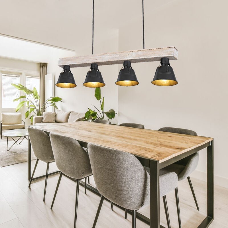 Pendelleuchte Hängelampe Hängeleuchte Holzlampe Esszimmerleuchte Pendellampe Esstisch, 4 Flammig Industriell, Holzbalken...
